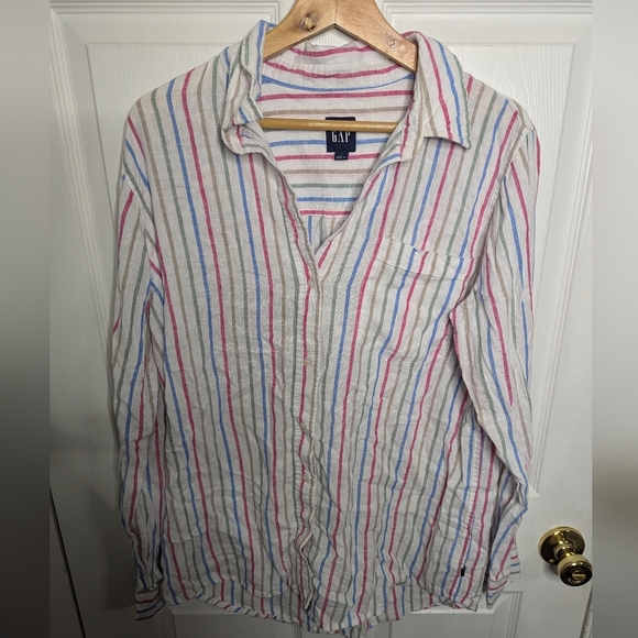 Gap Womens Top Linen Blend Striped Long Sleeve Button Down Size Medium White - Picture 1 of 4